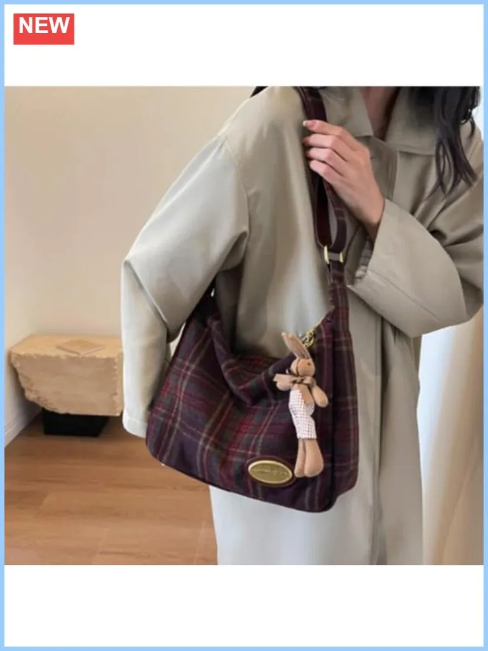 Plaid Wool Blend Hobo Shoulder Bag with Rabbit Charm
